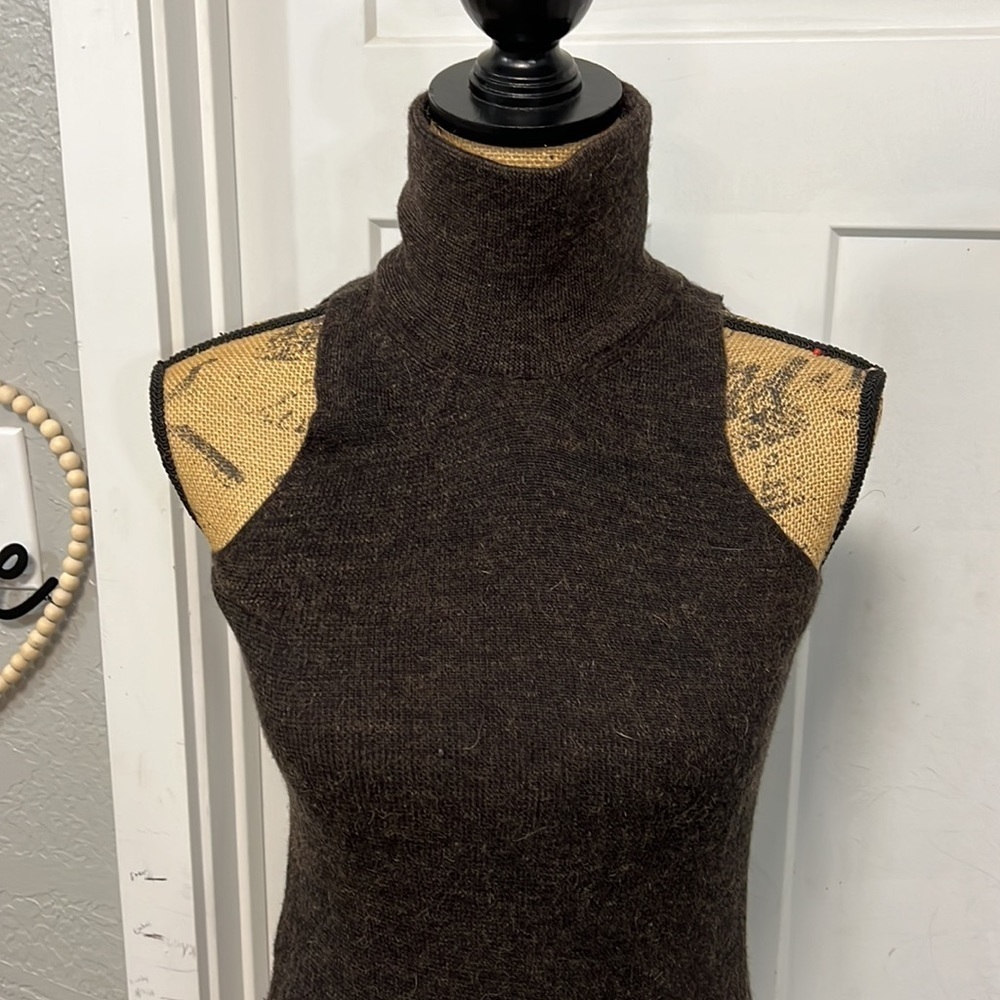 ZARA KNIT ITALIAN BROWN YARN HIGH NECK ASYMMETRIC TUNIC STYLE TOP SMALL